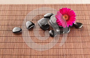 Massage stones with flower on mat