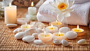 Massage stones, spa concept candles fire wellness relax care background