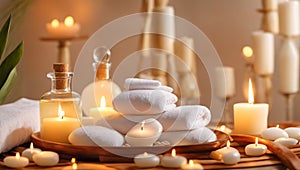 Massage stones, spa concept candles fire wellness relax care background therapy