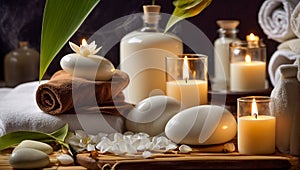 Massage stones, spa treatment candles fire table relax care background composition