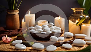 Massage stones, spa treatment candles fire wellness relax care background composition