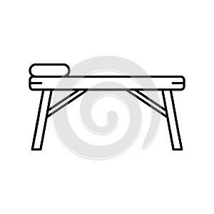 Massage table. Linear icon of spa bed with head pillow. Illustration of professional folding equipment for relaxation and