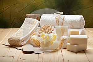 Massage tools, soap, bath salt and towels