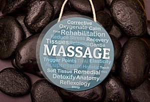 Massage words collage with black stones in background