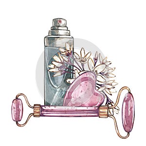 Massager roller gua sha, cream skin care, flowers isolated on white. Watercolor hand drawn illustration. Art for design