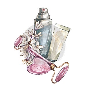 Massager roller gua sha, cream skin care, flowers isolated on white. Watercolor hand drawn illustration. Art for design