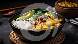 Massaman curry with avocado, potatoes, and beef served over rice