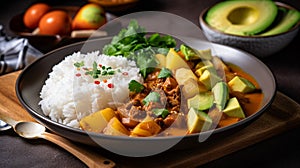 Massaman curry with avocado, potatoes, and beef served over rice