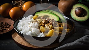 Massaman curry with avocado, potatoes, and beef served over rice