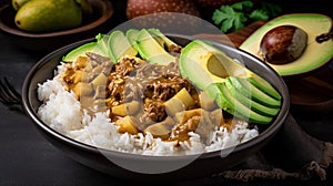 Massaman curry with avocado, potatoes, and beef served over rice