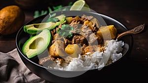 Massaman curry with avocado, potatoes, and beef served over rice