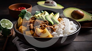 Massaman curry with avocado, potatoes, and beef served over rice