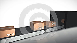 Masses of shipping boxes are transported on conveyor belt. Online Shopping