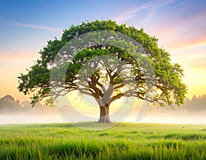 A Massive, Ancient Tree with Gnarled Branches Standing Alone in a Misty Meadow at Dawn