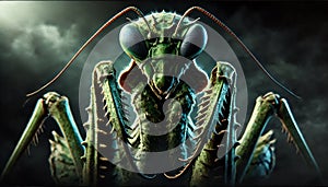 Massive Angry Praying Mantis Portrait with Dramatic Lighting and Fierce Expression.