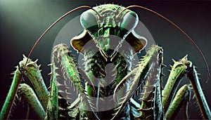 Massive Angry Praying Mantis Portrait with Dramatic Lighting and Fierce Expression. Stock Image in a Dark and Intense Setting