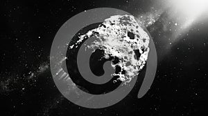 Massive asteroid with craters and debris orbiting in deep cosmic space.