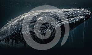 a massive baleen whale gliding gracefully through the ocean depths surrounded by a serene blue-green sea. Generative AI