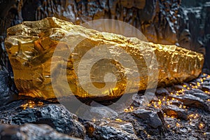 A massive block of gold lies on massive rocks, symbolizing the possibility of discovering treasure and incredible wealth photo