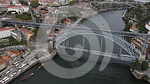 Massive bridge over the canal in Sintra, Portugal, people walking, aerial view