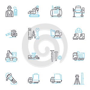 Massive building linear icons set. Monumental, Skyscraper, Towering, Colossal, Gigantic, Majestic, Fortress line vector photo