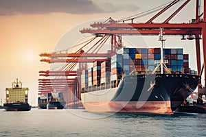 Massive cargo ship loaded with colorful shipping containers, being unloaded at a busy port by cranes photo