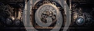 A Massive Clock Tower With Intricate Gears Panoramic Background. Generative AI