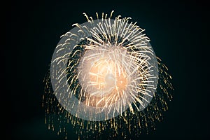 A massive cloud of firework sparks fills the night sky, with countless bright particles spreading outward, creating a dynamic and