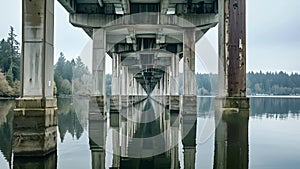 Massive concrete supports rise from the depths bearing the weight of a grand bridge that links two distant landscapes