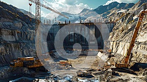 Massive construction site with cranes and machinery in mountainous area
