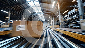 A massive conveyor belt moving boxes of wiry solar panel frames beneath the vaulted ceiling of a bustling warehouse. .