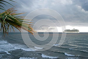 Massive cruise ship navigates the ocean by a beach on a cloudy day