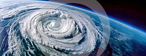 Massive Cyclone from Space View with Earth's Curve. An impressive cyclone swirls over Earth, its massive cloud