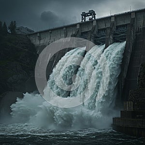 Massive dam structure releasing powerful torrents of water through multiple