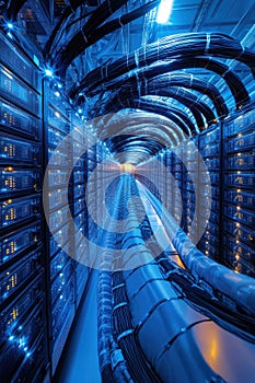 Massive data center cabling with glowing server racks