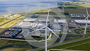 massive data center, computing center, aerial video in the Eemshaven, The Netherlands.
