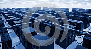 Massive Data Center with Rows of Servers and Network Cables: High-Performance Computing and Secure Storage for Enterprise