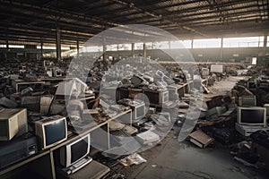 massive e-waste recycling center, with truckloads of old electronics waiting to be processed