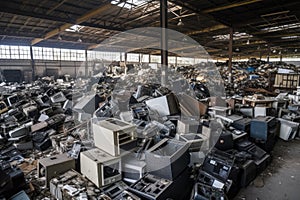 massive e-waste recycling center, with truckloads of old electronics waiting to be processed