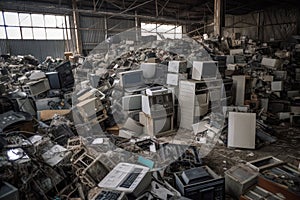 massive e-waste recycling center, with truckloads of old electronics waiting to be processed