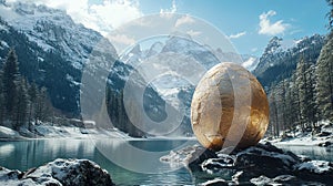 Massive Faberg egg floating in snowy mountain lake.