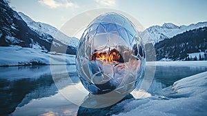 Massive Faberg egg floating in snowy mountain lake.