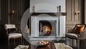 Massive fireplace with burning logs inside. Interior design concept. Cozy and warm idea.