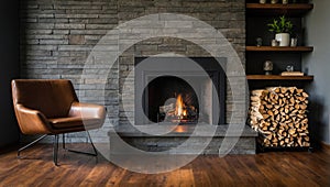 Massive fireplace with burning logs inside. Interior design concept. Cozy and warm idea.