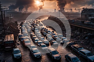 massive flooding, people running from city, raining, traffic jam, apocalyptic illustration,