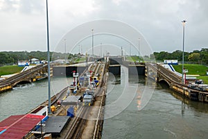 Massive gates at the Gatun locks on the Panama canal