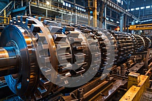 Massive gear structure in industrial setting. Neural network AI generated