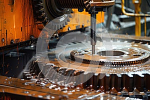 Massive gear structure in industrial setting. Neural network AI generated