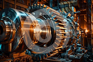 Massive gear structure in industrial setting. Neural network AI generated
