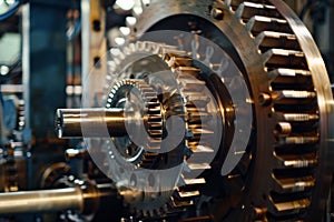 Massive gear structure in industrial setting. Neural network AI generated